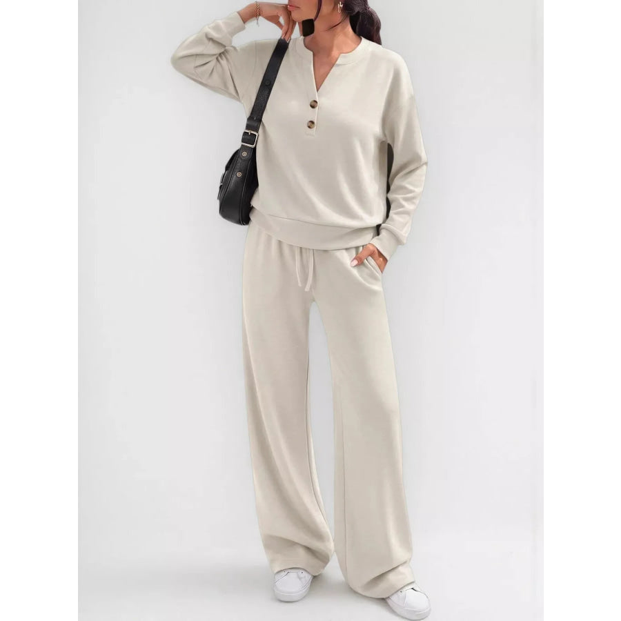Button Detail Dropped Shoulder Top and Pants Set Apparel Accessories
