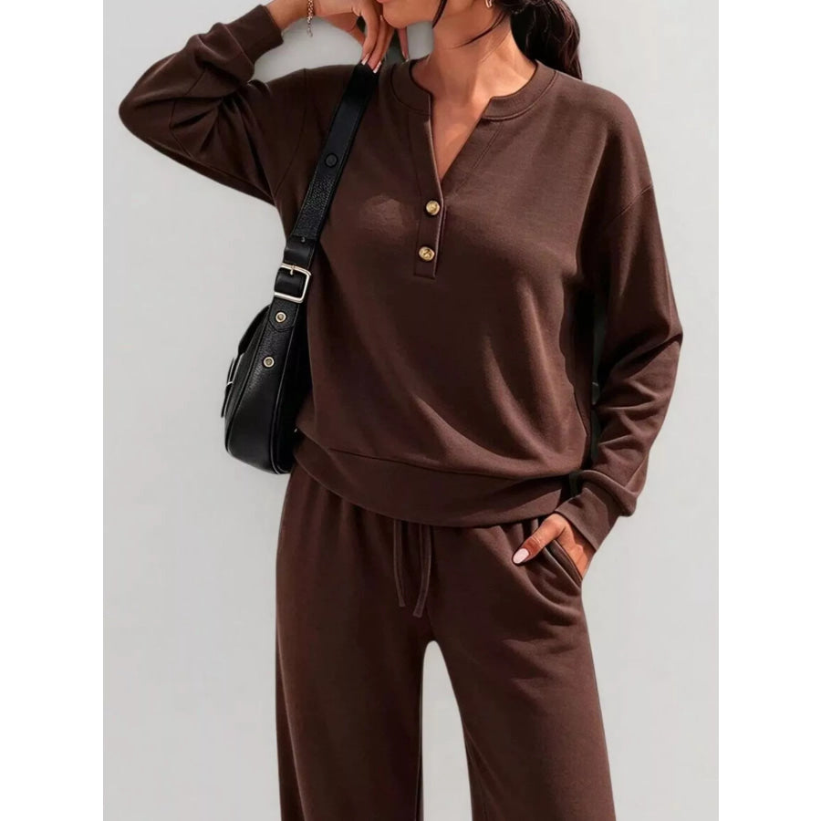 Button Detail Dropped Shoulder Top and Pants Set Apparel Accessories
