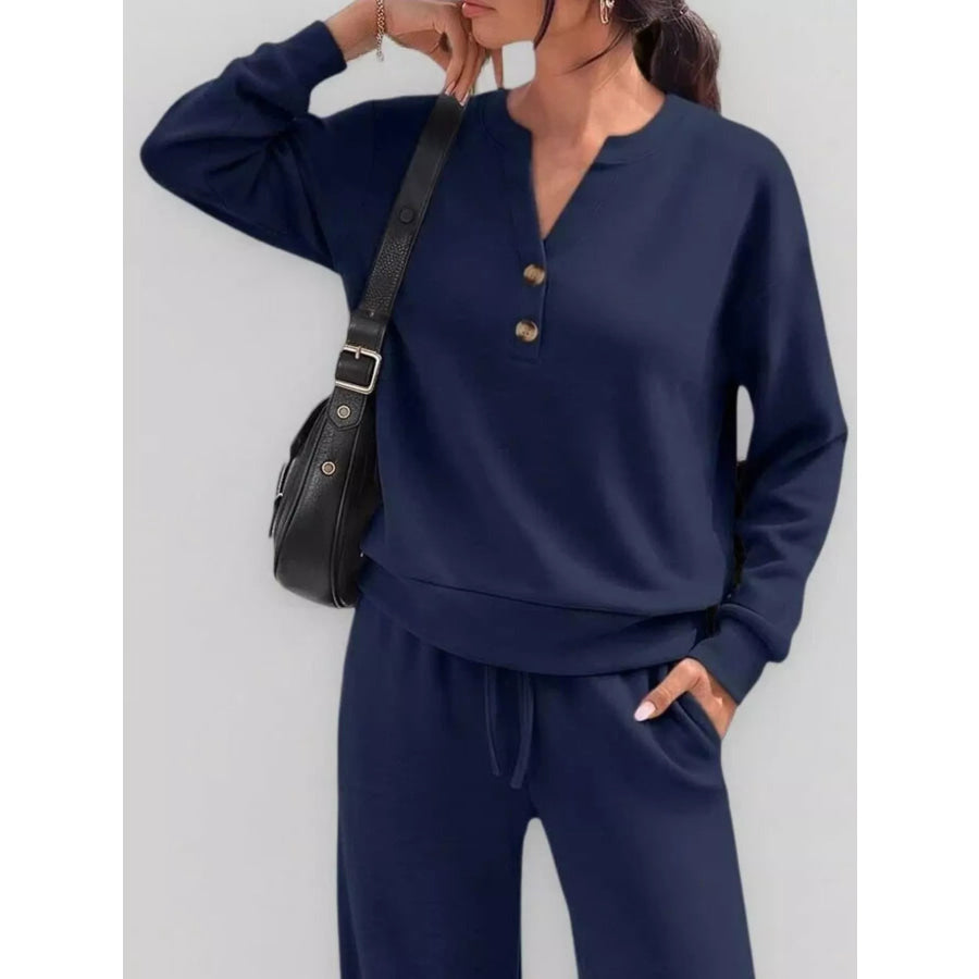 Button Detail Dropped Shoulder Top and Pants Set Apparel Accessories