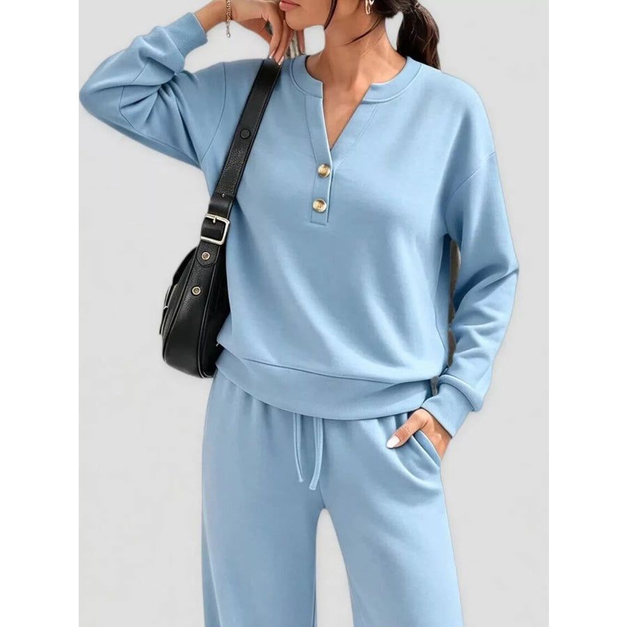 Button Detail Dropped Shoulder Top and Pants Set Apparel Accessories