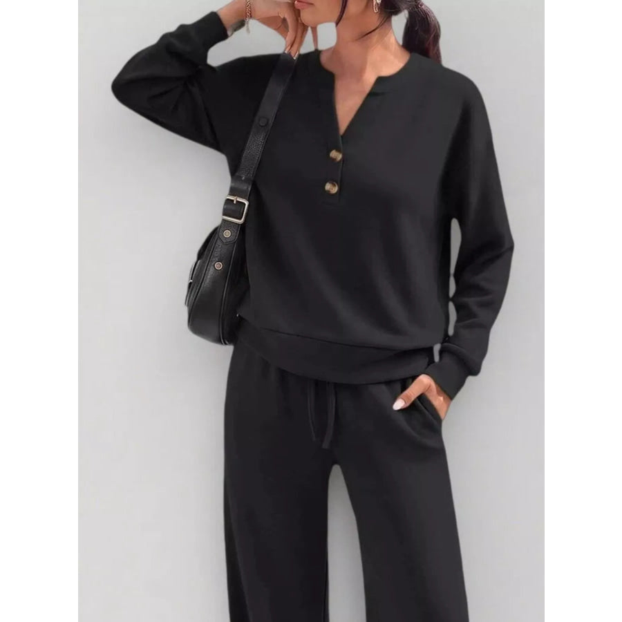 Button Detail Dropped Shoulder Top and Pants Set Apparel Accessories
