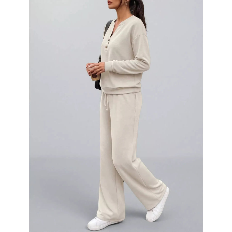 Button Detail Dropped Shoulder Top and Pants Set Apparel Accessories