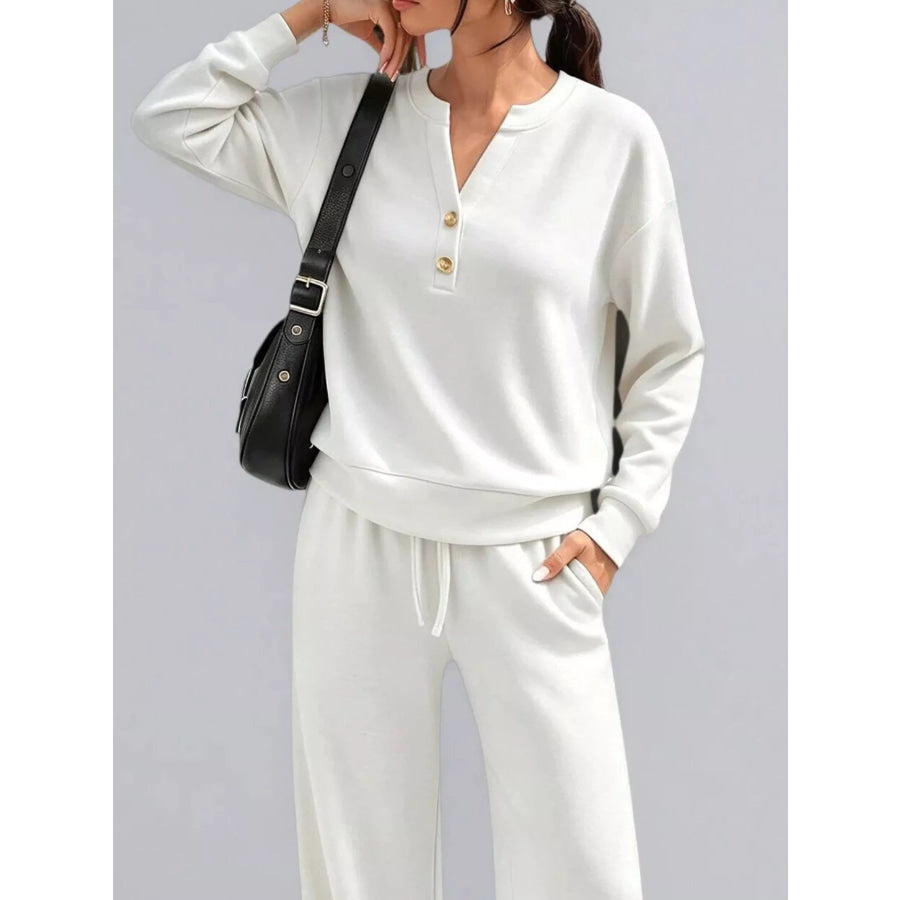 Button Detail Dropped Shoulder Top and Pants Set Apparel Accessories
