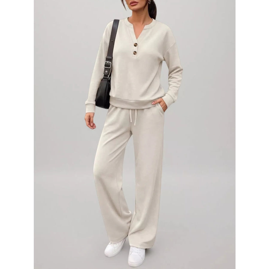 Button Detail Dropped Shoulder Top and Pants Set Apricot / S Apparel Accessories