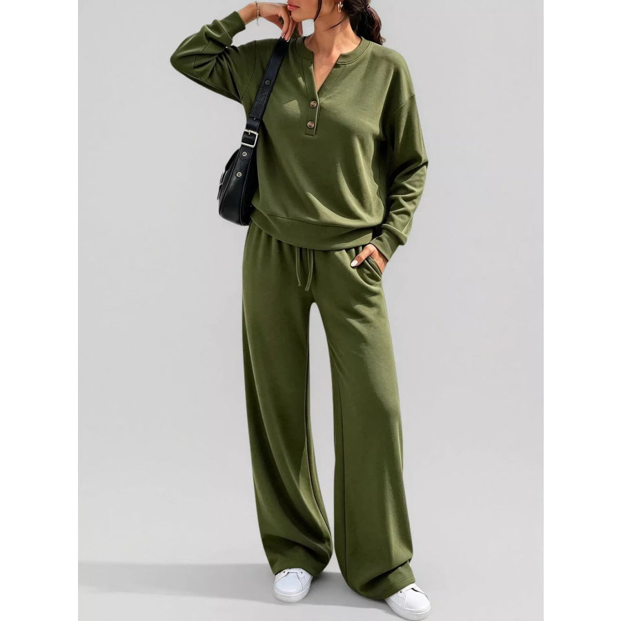 Button Detail Dropped Shoulder Top and Pants Set Army Green / S Apparel Accessories