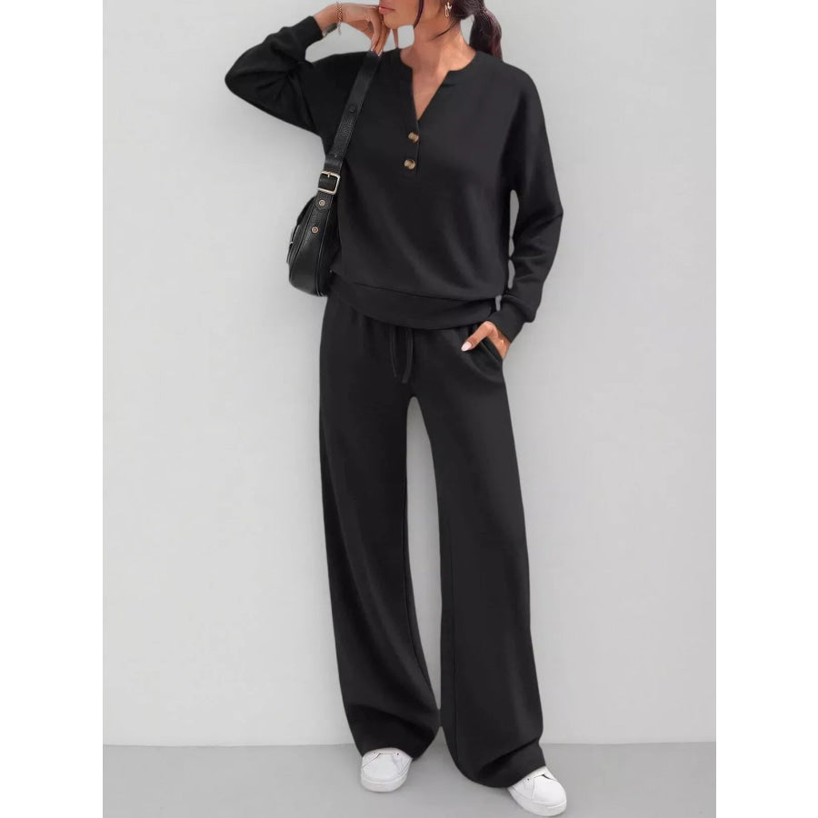 Button Detail Dropped Shoulder Top and Pants Set Black / S Apparel Accessories