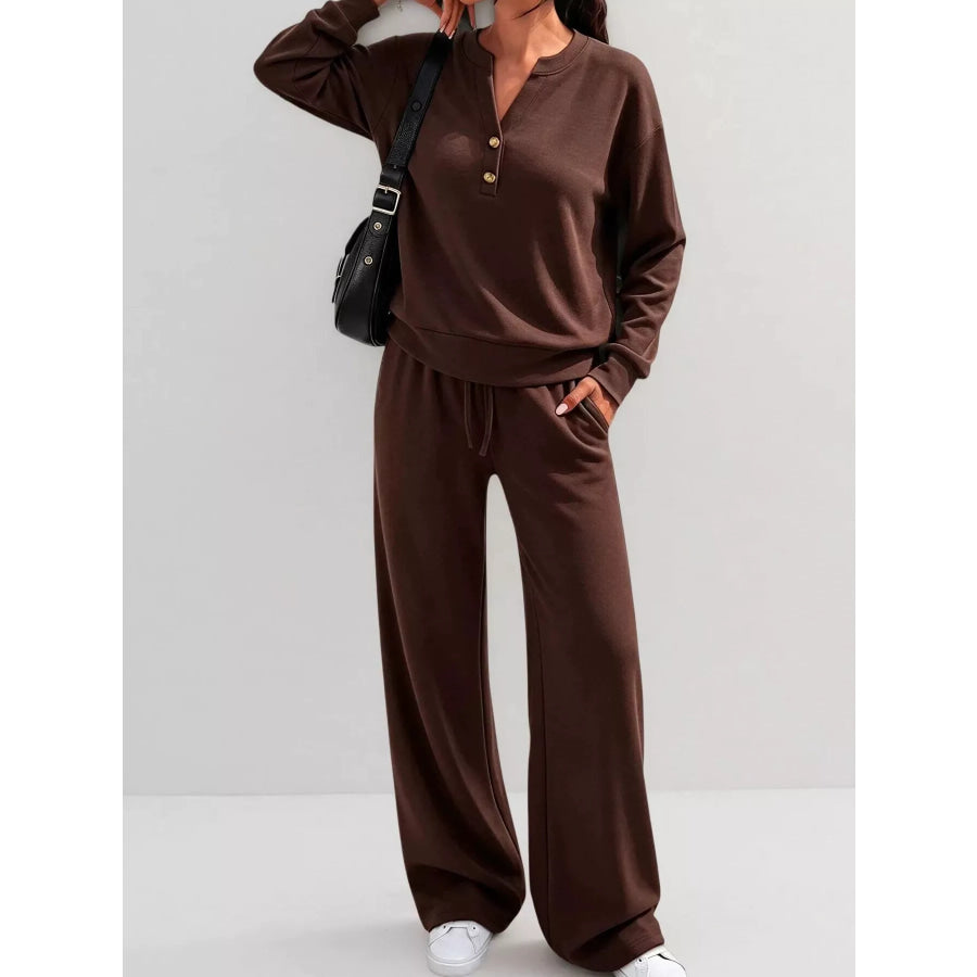 Button Detail Dropped Shoulder Top and Pants Set Dark Brown / S Apparel Accessories