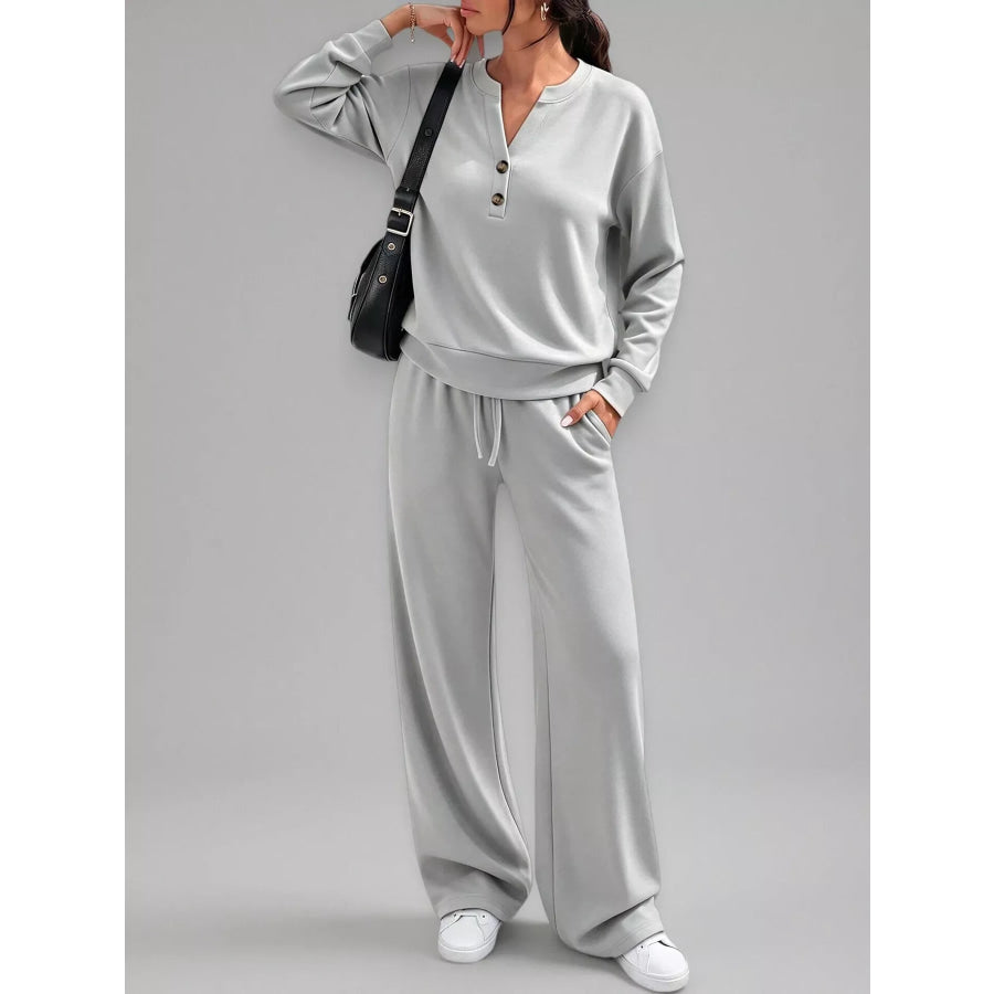 Button Detail Dropped Shoulder Top and Pants Set Light Gray / S Apparel Accessories