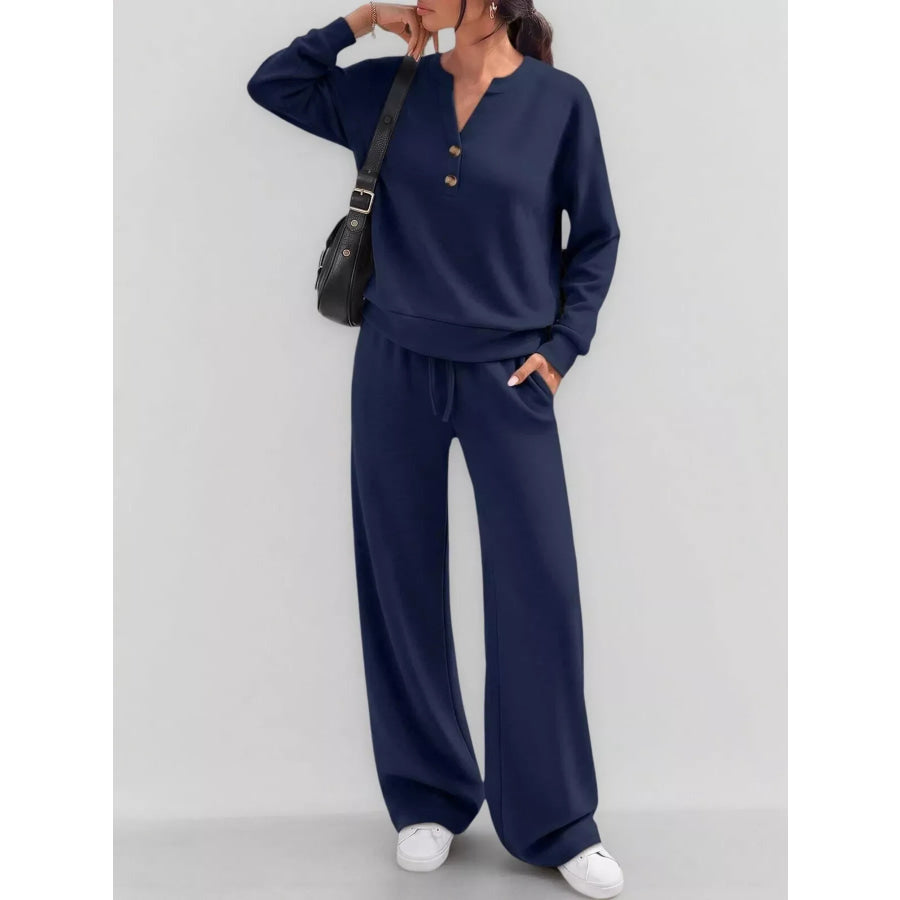 Button Detail Dropped Shoulder Top and Pants Set Navy / S Apparel Accessories