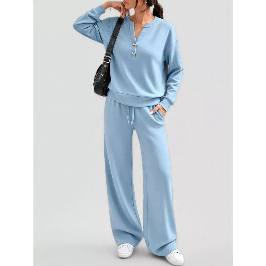 Button Detail Dropped Shoulder Top and Pants Set Sky Blue / S Apparel Accessories