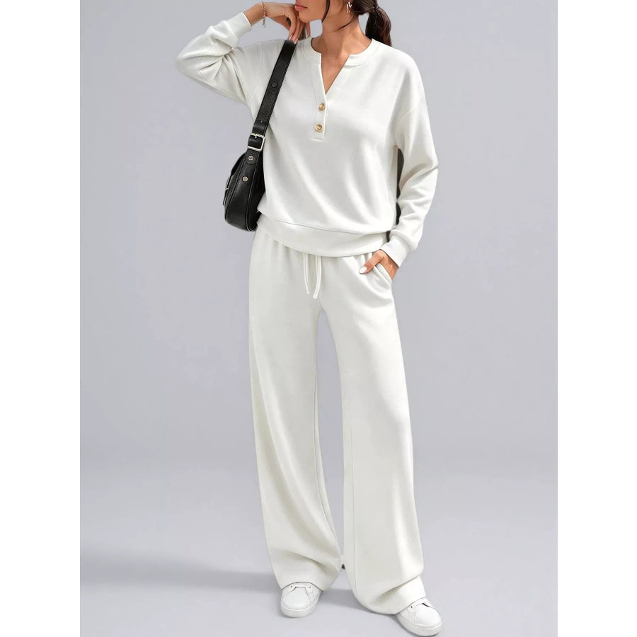 Button Detail Dropped Shoulder Top and Pants Set White / S Apparel Accessories
