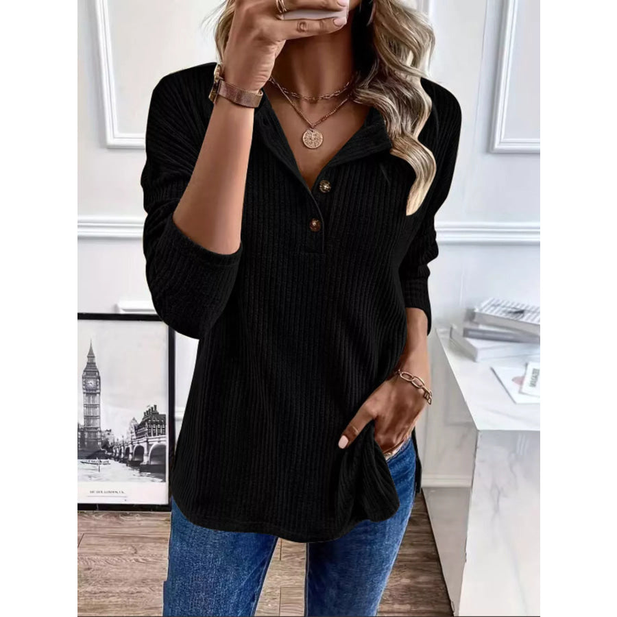 Button-Detail Dropped Shoulder Top Black / S Apparel and Accessories