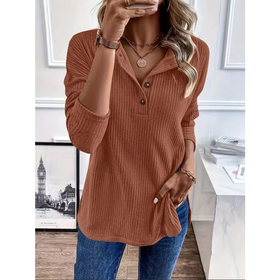 Button-Detail Dropped Shoulder Top Caramel / S Apparel and Accessories
