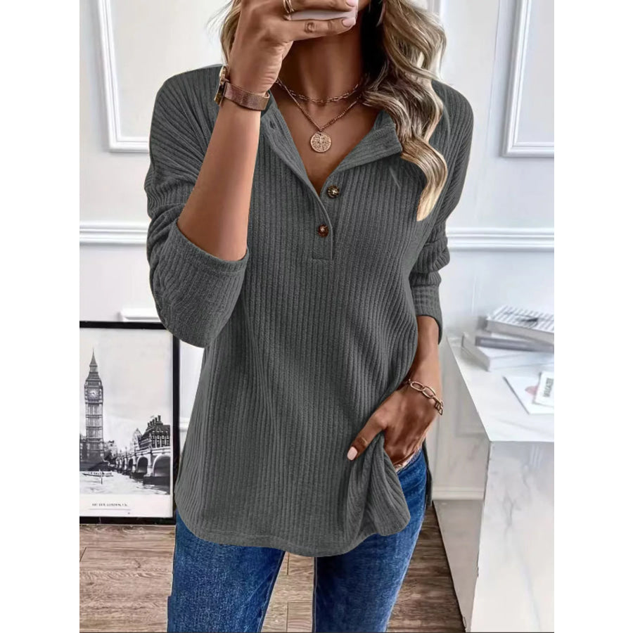Button-Detail Dropped Shoulder Top Gray / S Apparel and Accessories