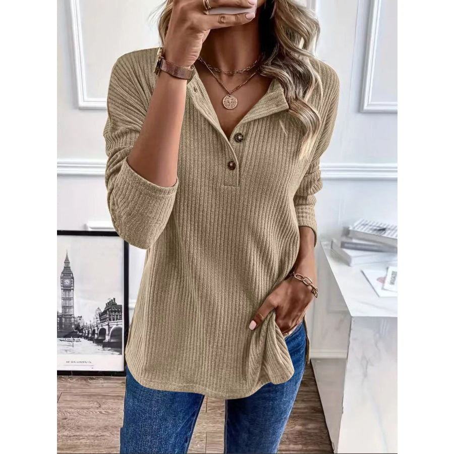 Button-Detail Dropped Shoulder Top Khaki / S Apparel and Accessories