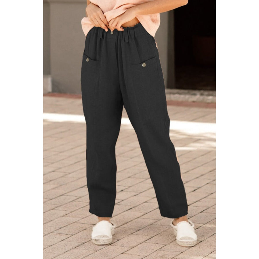 Button Detail Elastic Waist Pocket Pants Black / S