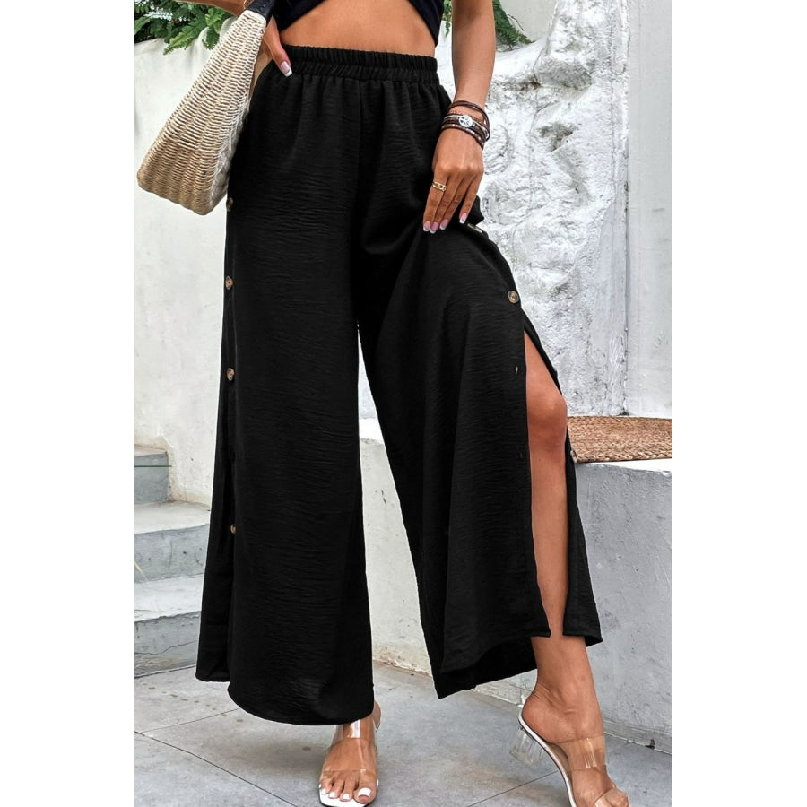 Button Detail Elastic Waist Wide Leg Pants Black / S