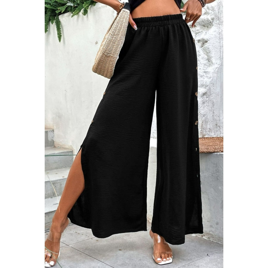 Button Detail Elastic Waist Wide Leg Pants