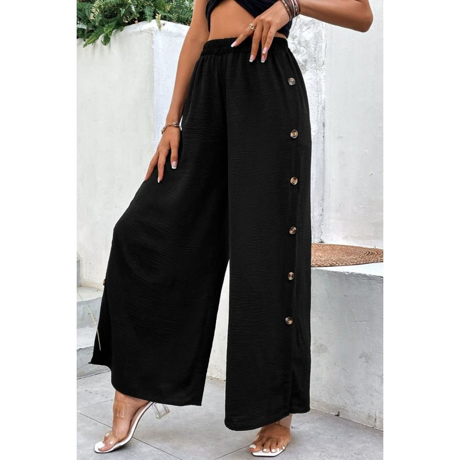 Button Detail Elastic Waist Wide Leg Pants