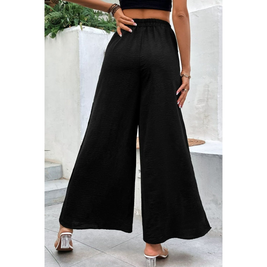 Button Detail Elastic Waist Wide Leg Pants Black / S