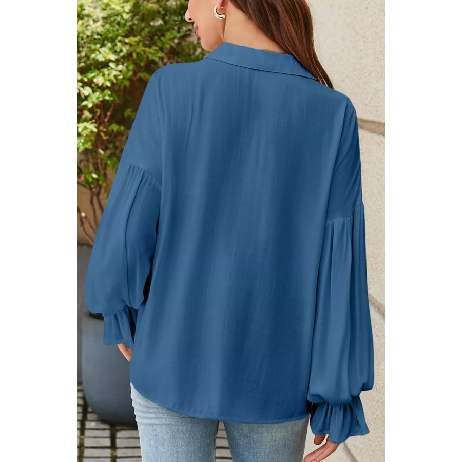 Button Detail Flounce Sleeve Blouse Apparel and Accessories