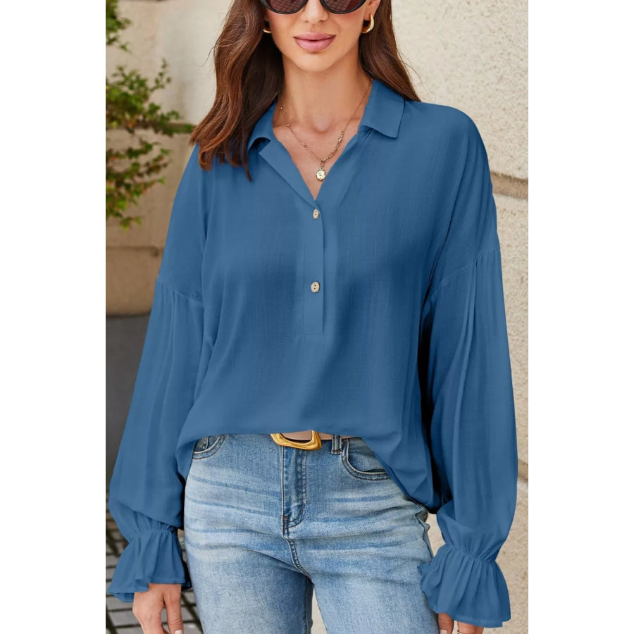 Button Detail Flounce Sleeve Blouse Apparel and Accessories