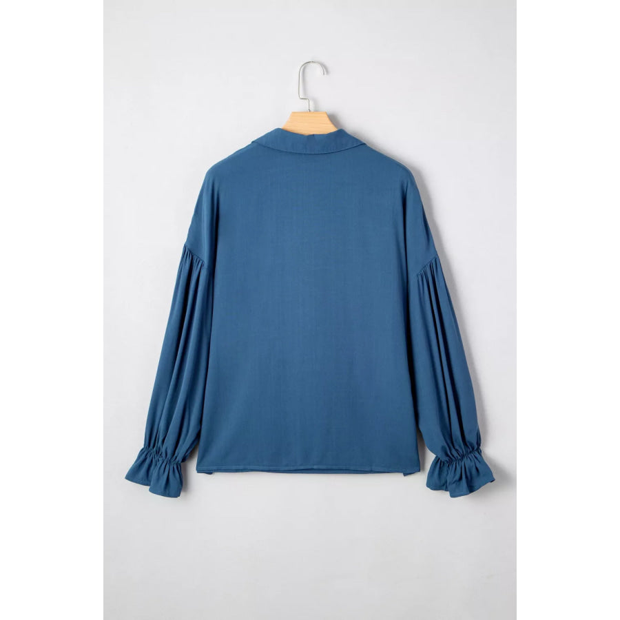 Button Detail Flounce Sleeve Blouse Apparel and Accessories