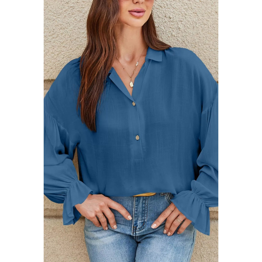 Button Detail Flounce Sleeve Blouse Apparel and Accessories