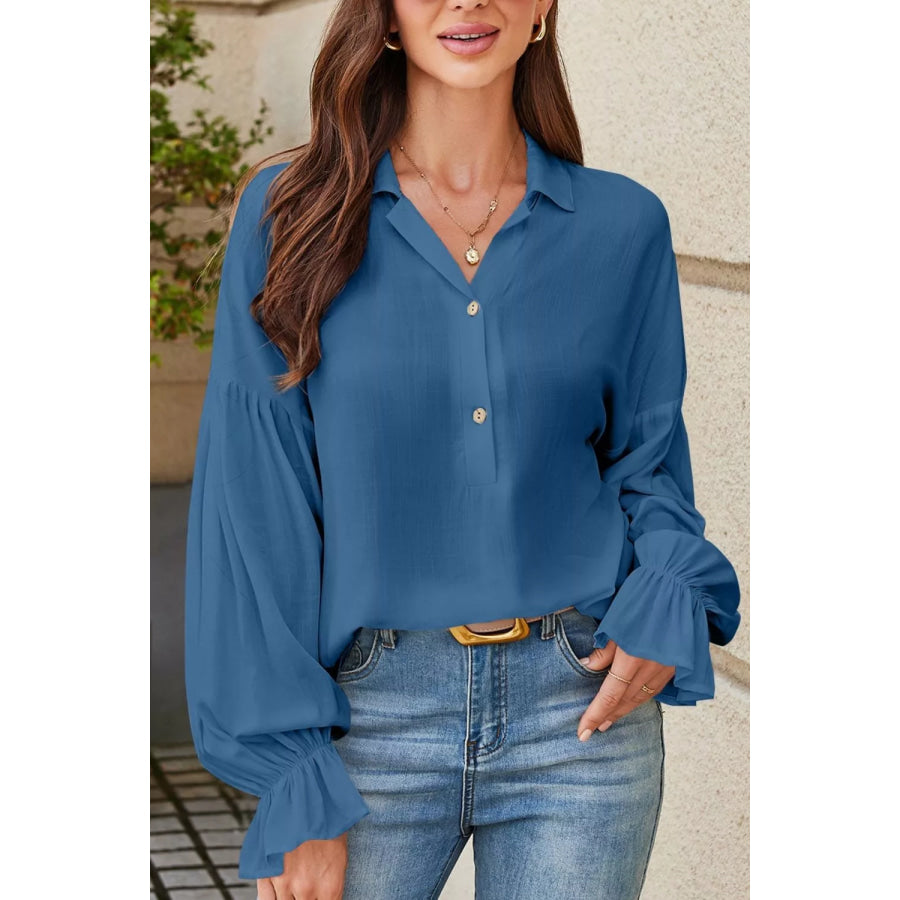 Button Detail Flounce Sleeve Blouse Peacock Blue / S Apparel and Accessories
