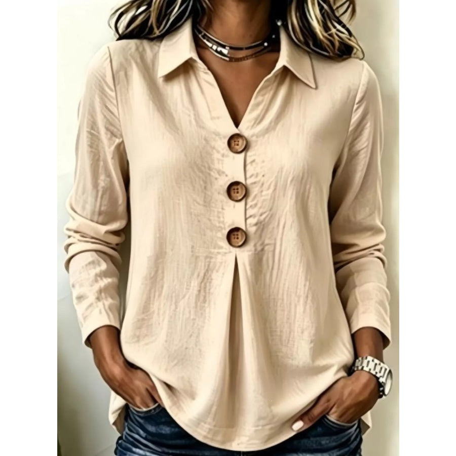 Button Detail Long Sleeve Blouse Apricot / S Apparel and Accessories