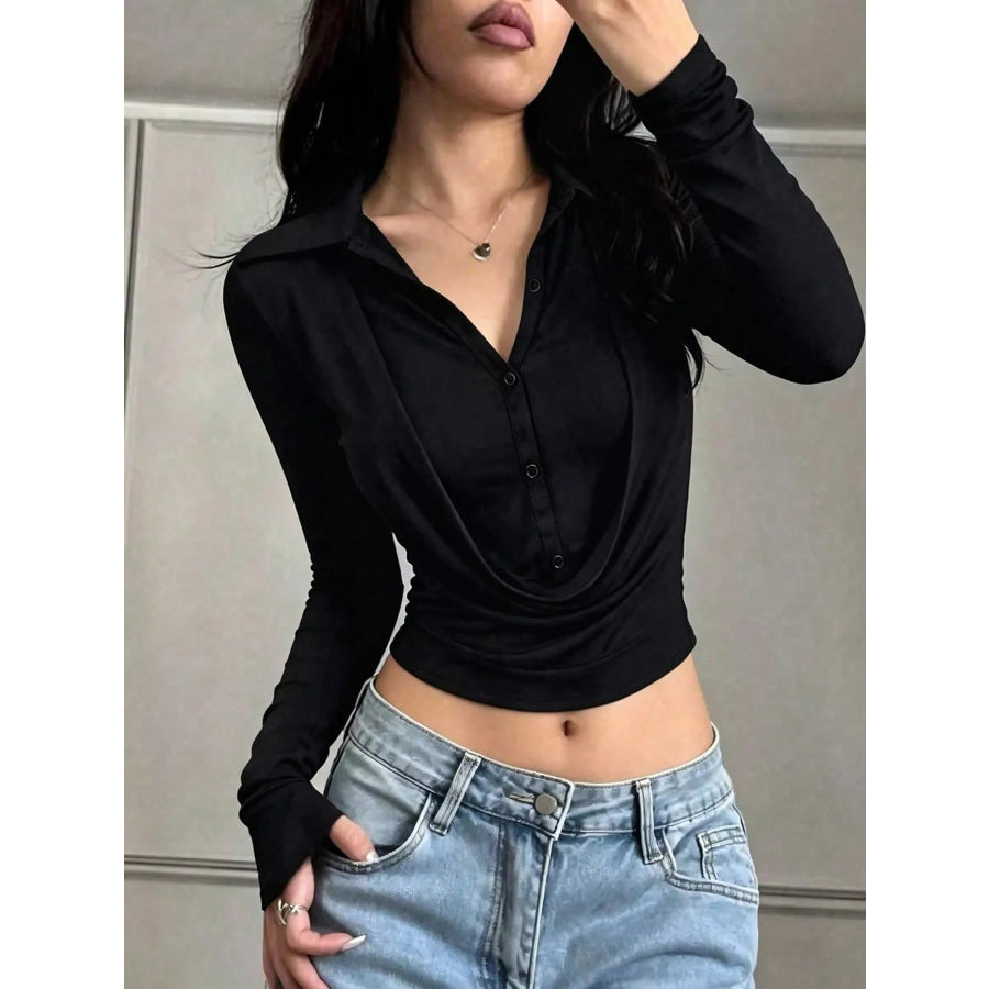 Button Detail Long Sleeve Crop T-Shirt Black / S Apparel and Accessories