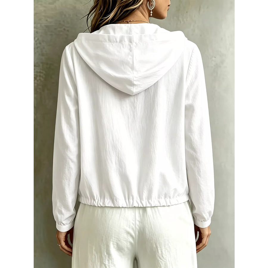 Button Detail Long Sleeve Hooded Blouse Apparel and Accessories