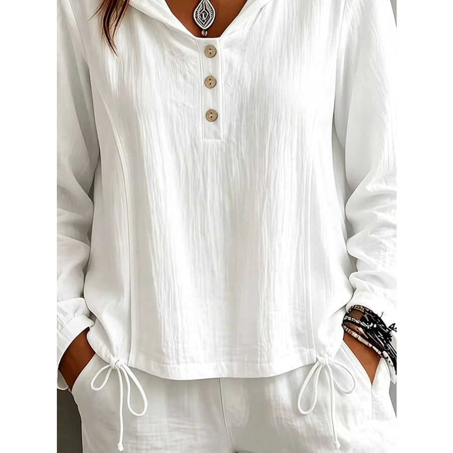Button Detail Long Sleeve Hooded Blouse Apparel and Accessories