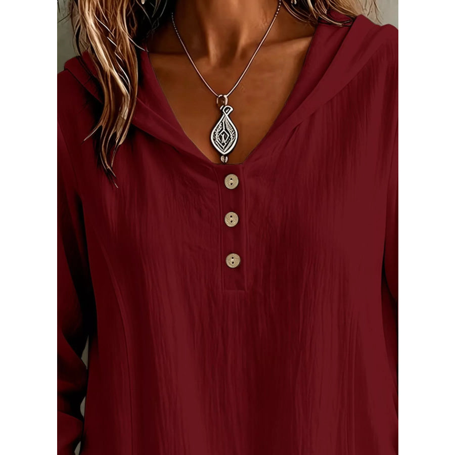 Button Detail Long Sleeve Hooded Blouse Apparel and Accessories
