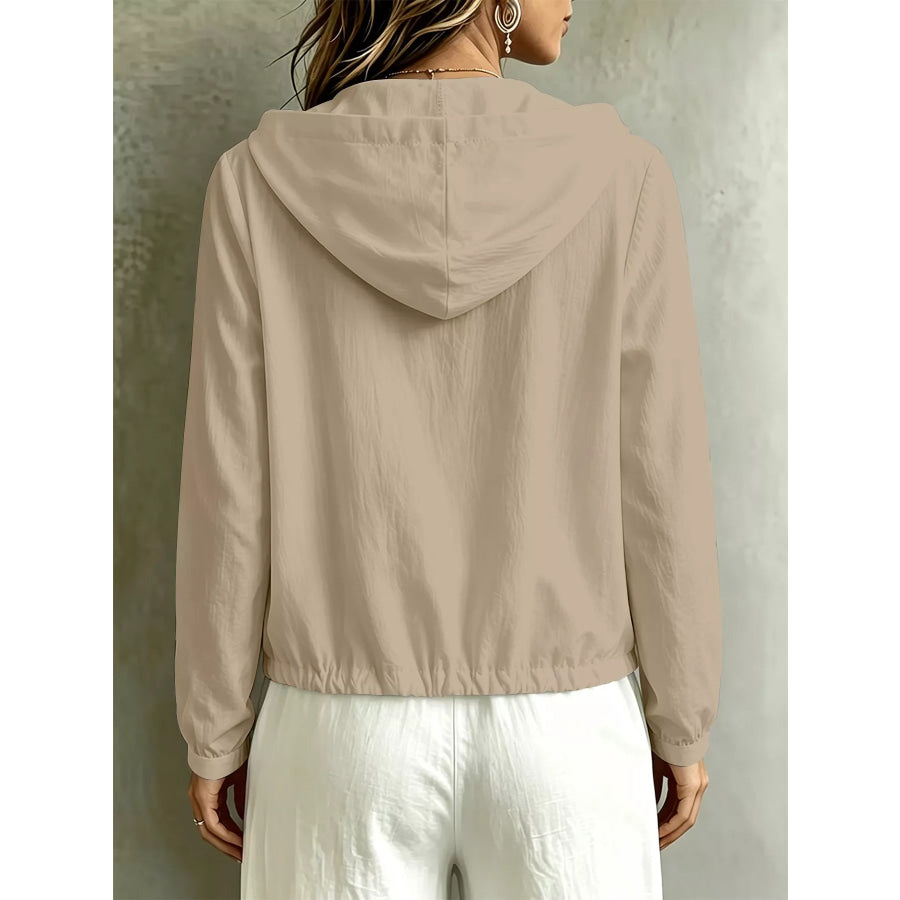 Button Detail Long Sleeve Hooded Blouse Apparel and Accessories