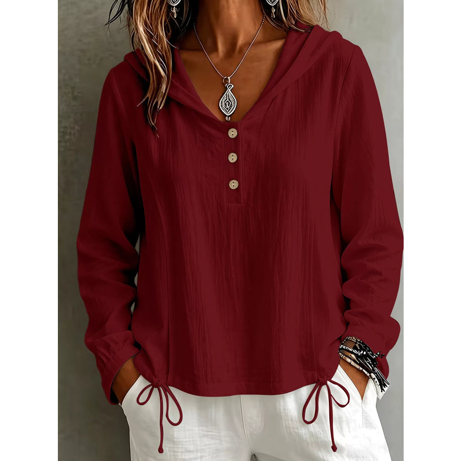 Button Detail Long Sleeve Hooded Blouse Burgundy / S Apparel and Accessories