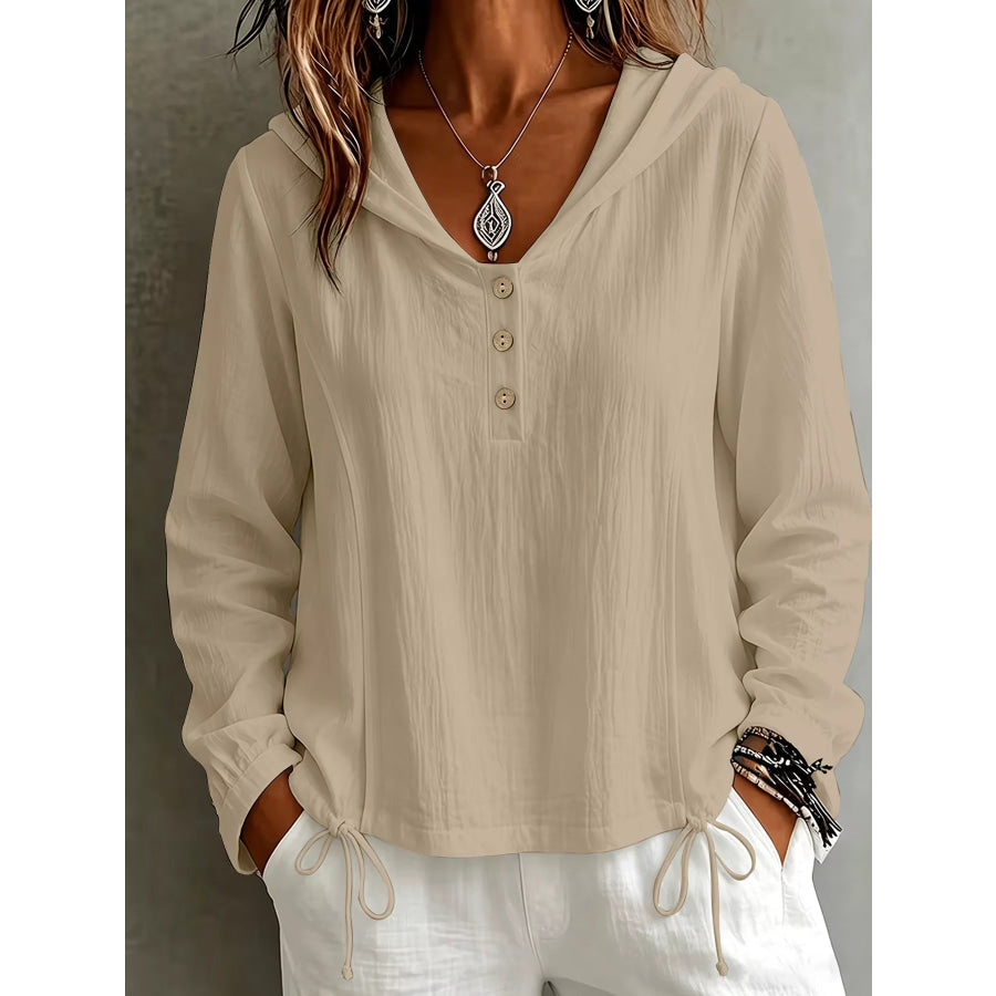 Button Detail Long Sleeve Hooded Blouse Khaki / S Apparel and Accessories