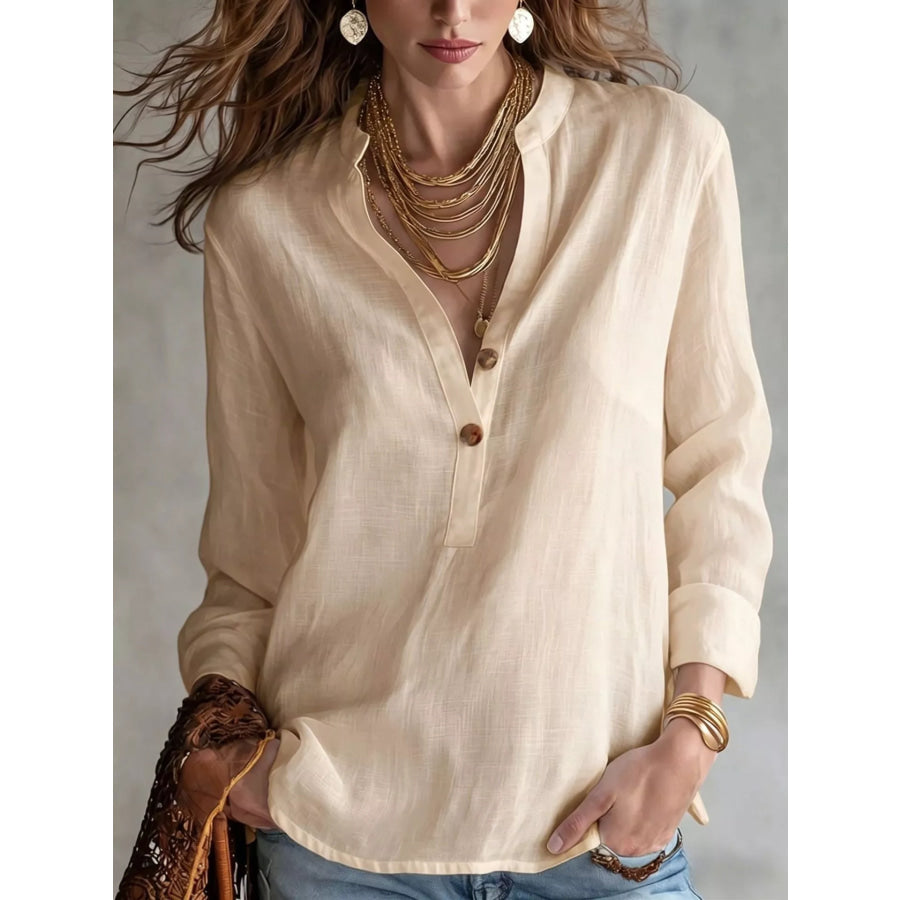 Button Detail Long Sleeve Shirt Apricot / S Apparel and Accessories