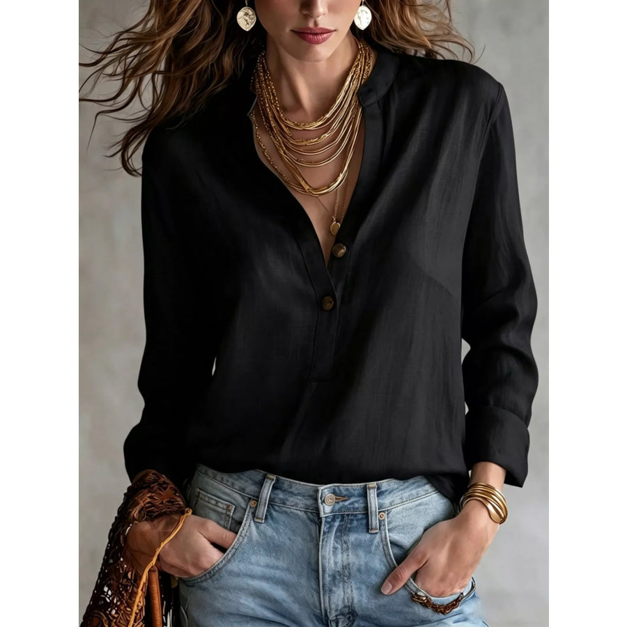 Button Detail Long Sleeve Shirt Black / S Apparel and Accessories