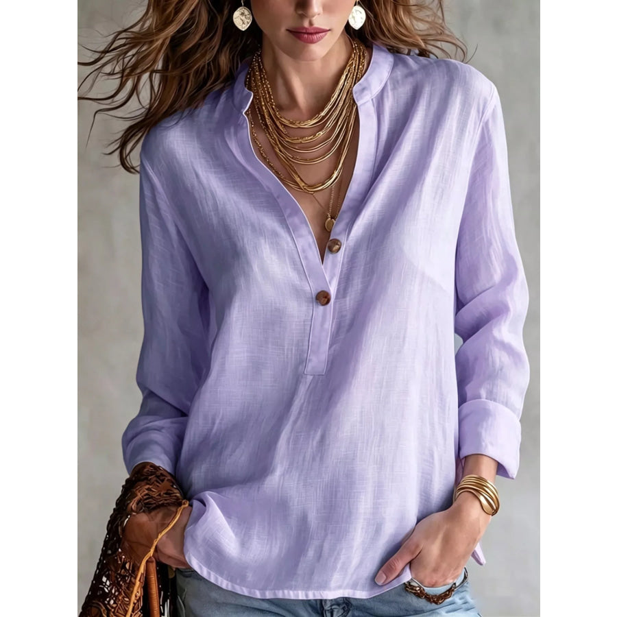 Button Detail Long Sleeve Shirt Light Purple / S Apparel and Accessories