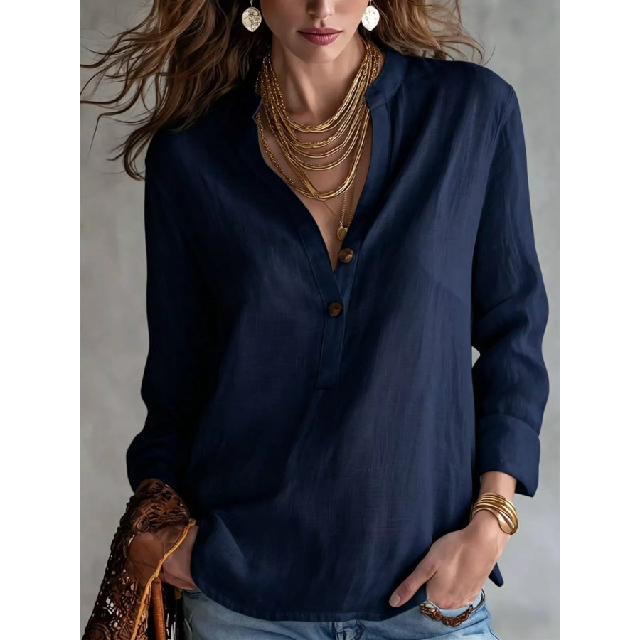 Button Detail Long Sleeve Shirt Navy Blue / S Apparel and Accessories