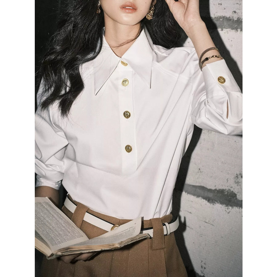 Button Detail Long Sleeve Shirt White / S Apparel and Accessories