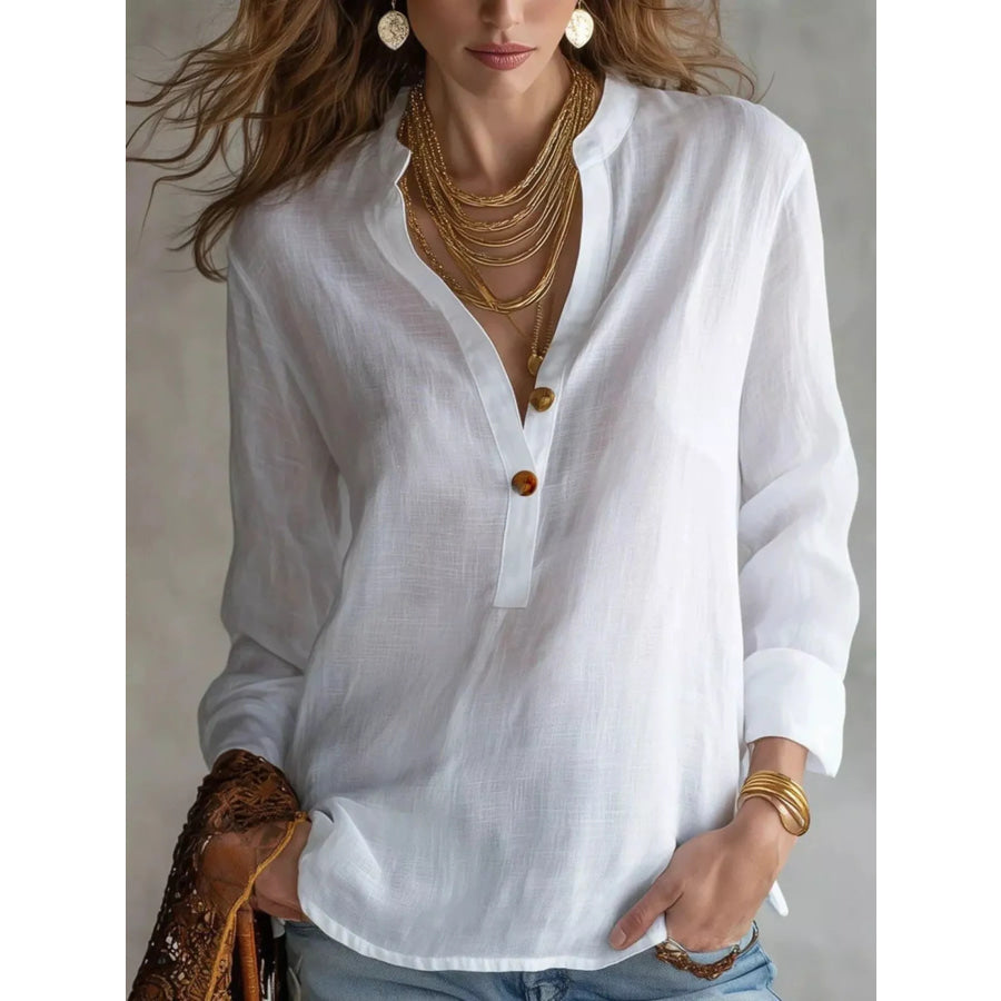 Button Detail Long Sleeve Shirt White / S Apparel and Accessories