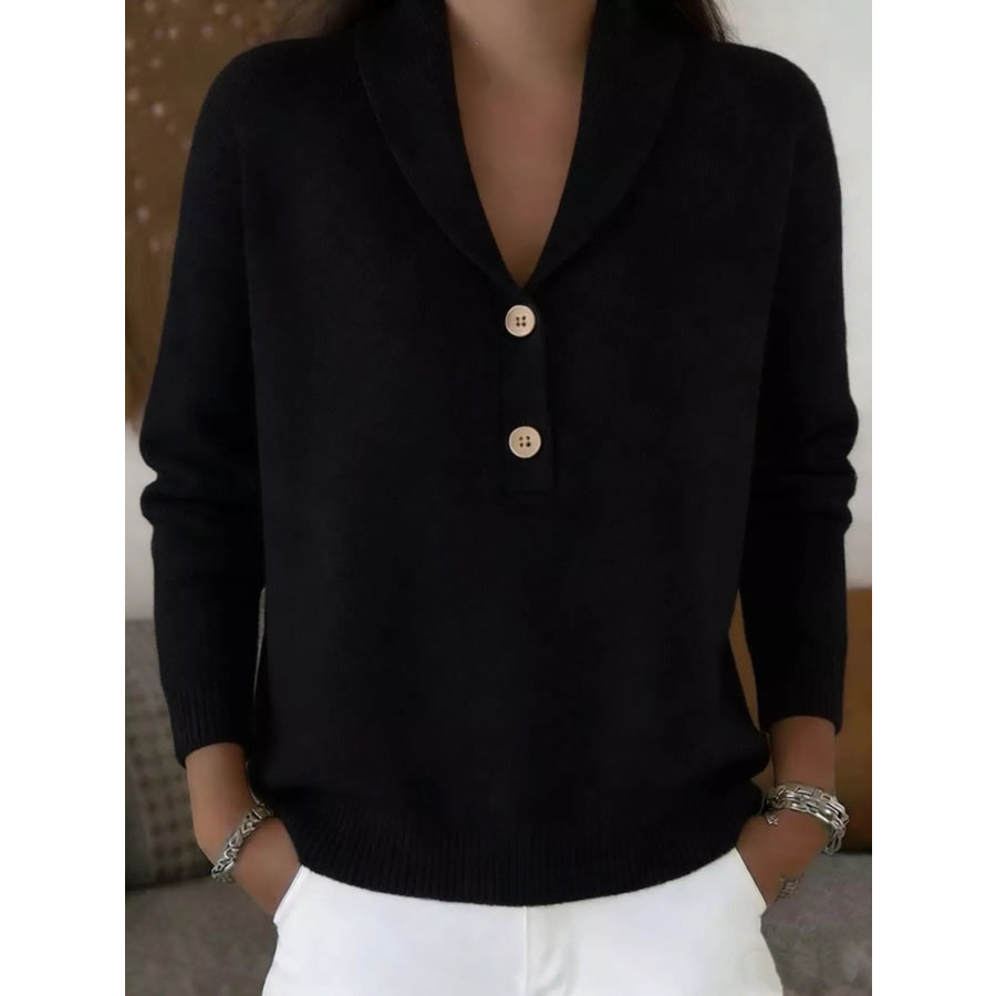 Button Detail Long Sleeve Sweater Black / S Apparel and Accessories