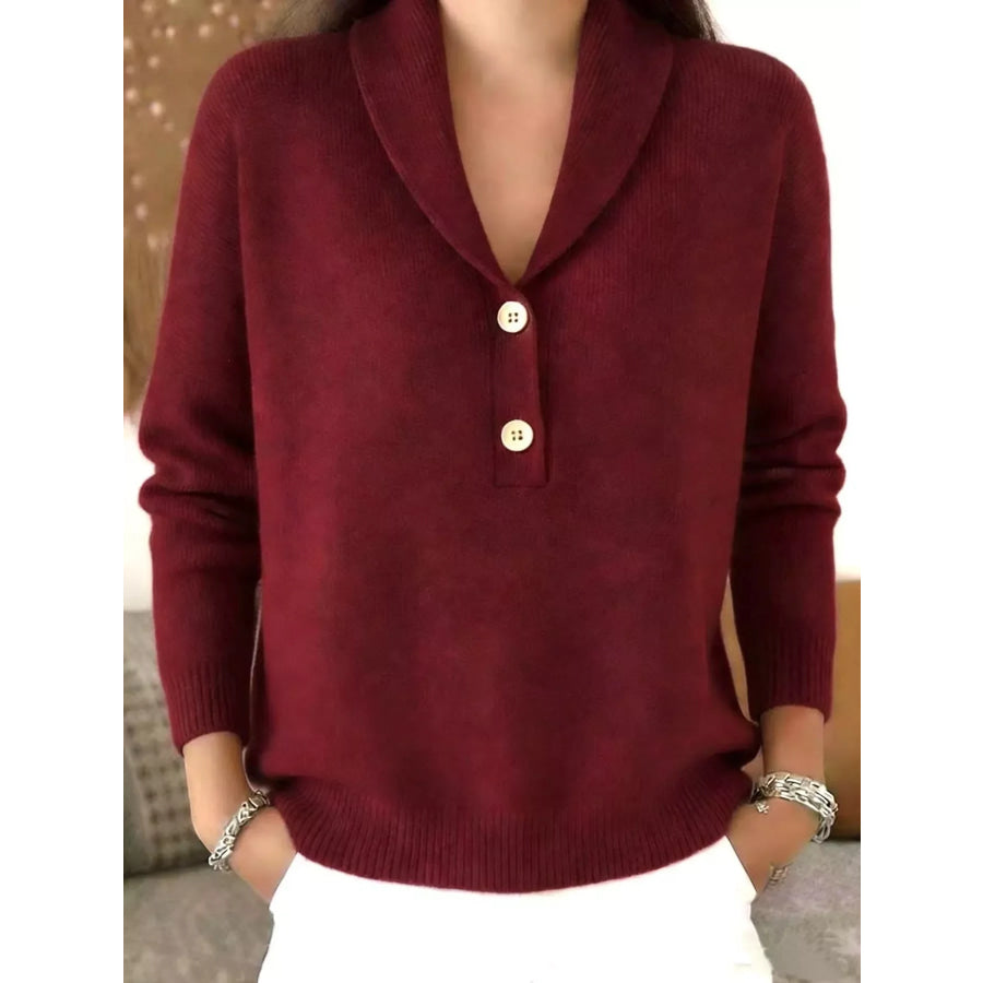 Button Detail Long Sleeve Sweater Burgundy / S Apparel and Accessories