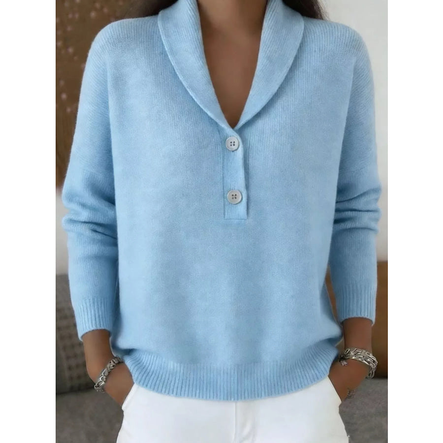 Button Detail Long Sleeve Sweater Light Blue / S Apparel and Accessories