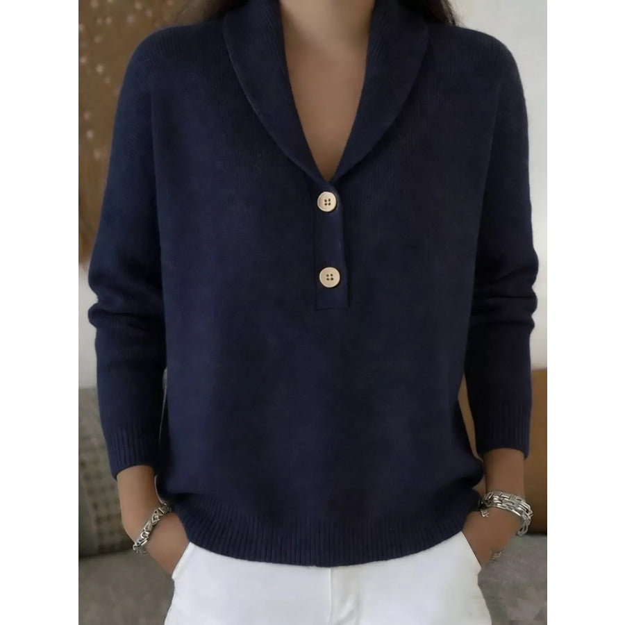 Button Detail Long Sleeve Sweater Navy Blue / S Apparel and Accessories