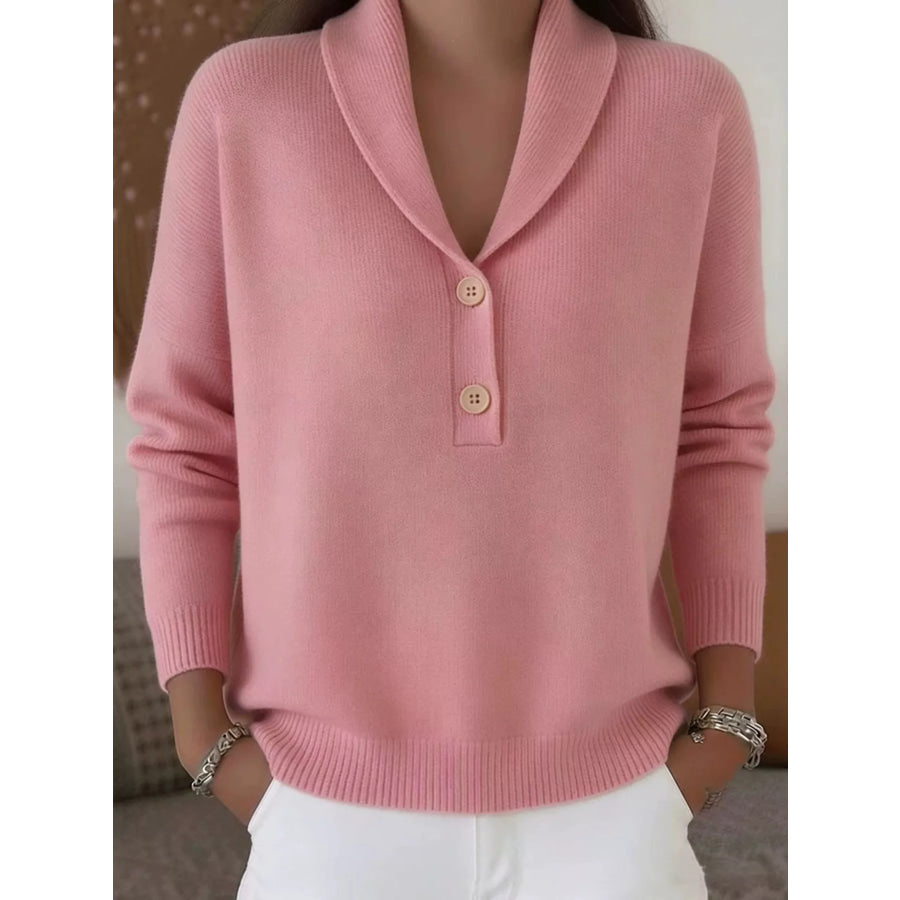 Button Detail Long Sleeve Sweater Pink / S Apparel and Accessories