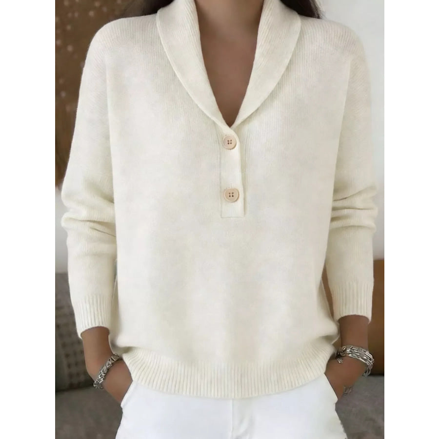 Button Detail Long Sleeve Sweater White / S Apparel and Accessories