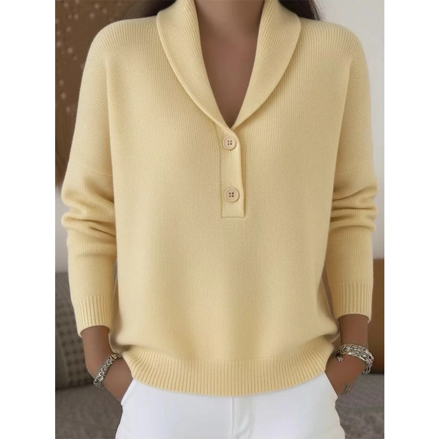Button Detail Long Sleeve Sweater Yellow / S Apparel and Accessories